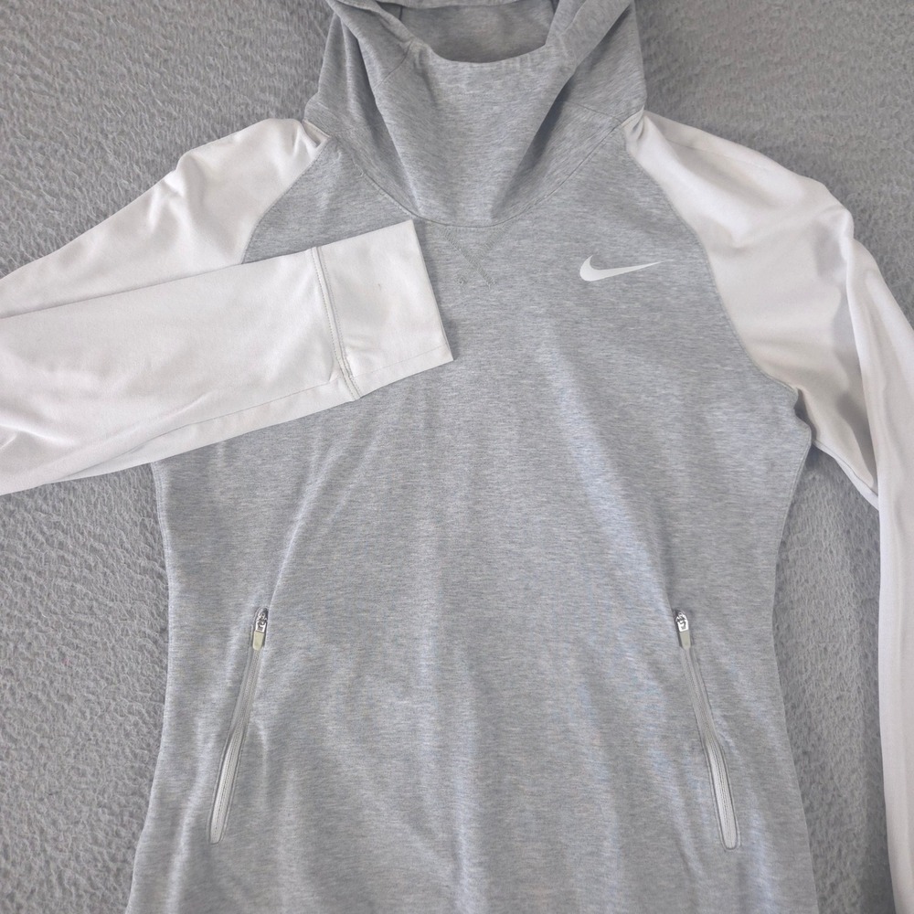 Nike Hoodie Women Small Gray White Sport Hoodie Balaclava Dri-Fit Raglan Sleeves